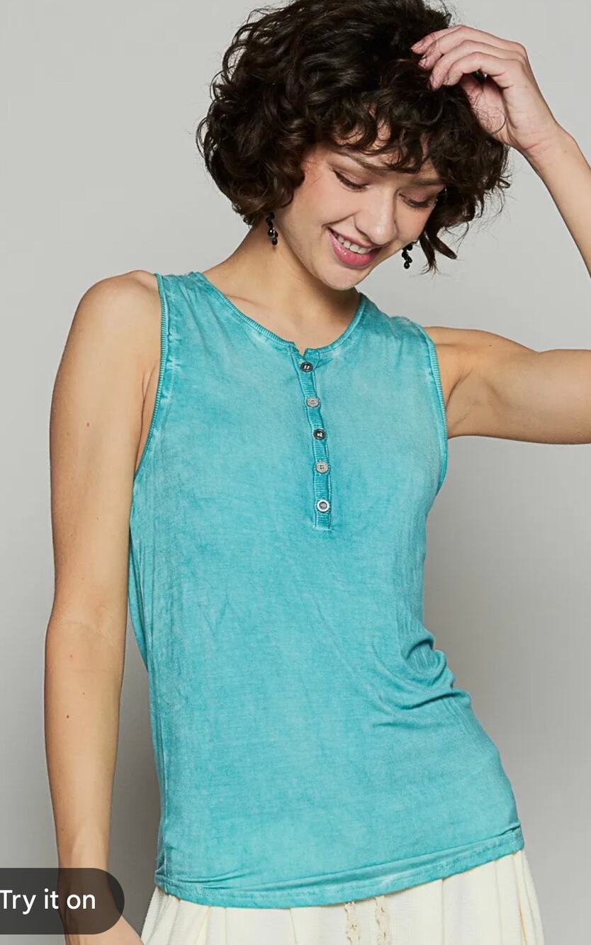 POL Sleeveless Henley Tank Top Women’s Small Teal Blue V Neck Button Front